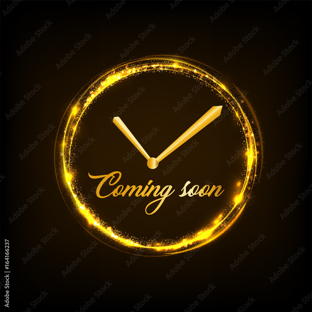 Poster coming soon concept with clock shape and golden light frame with sparkling particle. .vector illustr
