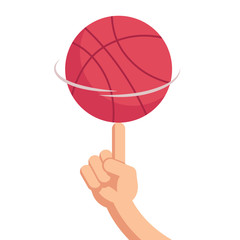 Basketball ball spinning on the finger. Vector cartoon illustration in flat style
