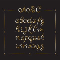 Fototapeta na wymiar Handwritten font. Gold letters. Cursive. The background is black. Modern calligraphy, italic font. Design for printing: logos, greeting cards, posters.