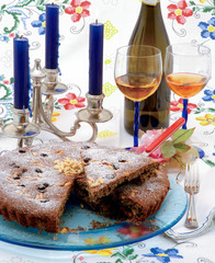 Cake with buckwheat, raisins and pine nuts.