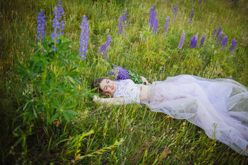 Young woman in rich dress lies with bouquet of violet flowers on green field