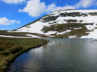 Backpacking high mountain in Norway