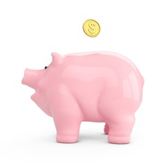 3D rendering pink piggy bank and coin isolated on white background