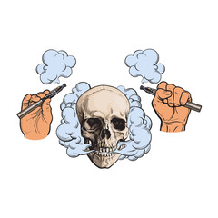Smoke coming out of human skull and electronic cigarettes in male hands, sketch style vector illustration isolated on white background. Hand drawn hands holding e-cigarettes and smoking human skull