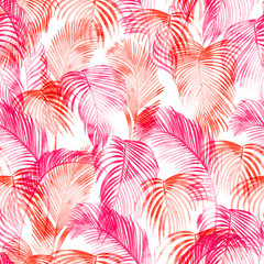 Obraz premium Tropical watercolor pattern. Palm trees and tropical branches in seamless wallpaper on a white background. Digital art. Can be used for manufactory and textiles