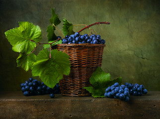 Still life with grapes in a basket