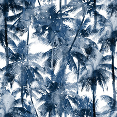 Tropisches Aquarellmuster. Palmen und tropische Zweige in nahtloser Tapete auf weißem Hintergrund. Digitale Kunst. Einsetzbar für Manufaktur und Textilien