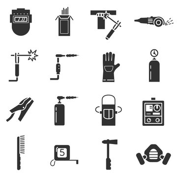 Welding, monochrome icons set. tools and equipment. isolated vector illustrations.