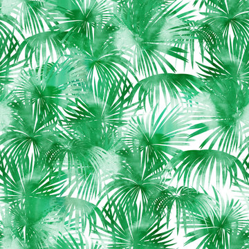 Tropical watercolor pattern. Palm trees and tropical branches in seamless wallpaper on a white background. Digital art. Can be used for manufactory and textiles