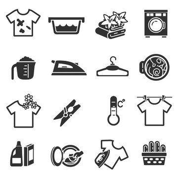 laundry, monochrome icons set. Washing clothes, simple symbols collection