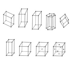 Crystal structures of NaCl salt, diamond, carbon dioxide CO2, iron metal Fe.