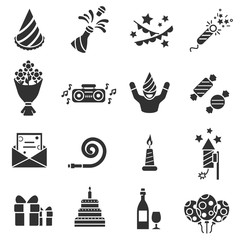 Birthday. Monochrome icons set. Celebration, simple symbols collection