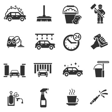 Auto wash. Monochrome icons set. Car wash, simple symbols collection. Automatic carwash, isolated vector illustrations