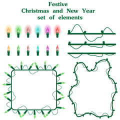 Christmas and New Year set of elements garlands of colored lights for holidays design. Burning multicolored lightbulb and wires isolated on white background.