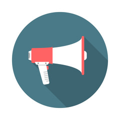 Megaphone circle icon with long shadow. Flat design style. Megaphone simple silhouette. Modern, minimalist, round icon in stylish colors. Web site page and mobile app design vector element.