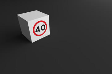 3D RENDERING OF ROAD SIGN ON WHITE CUBE WITH GREY BACKGROUND