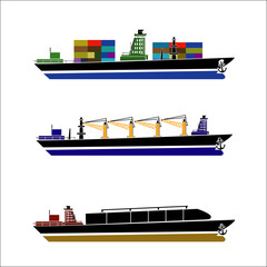 Beautiful flat four colored loaded container ship decorative element Modern global cargo shipping design element. Ideal for shipment and international trade infographics and web articles