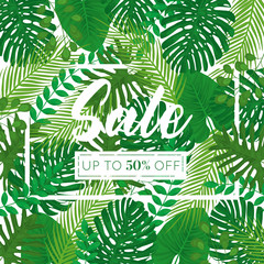 Tropical Leaves Vector Square Sale Banner - White Background