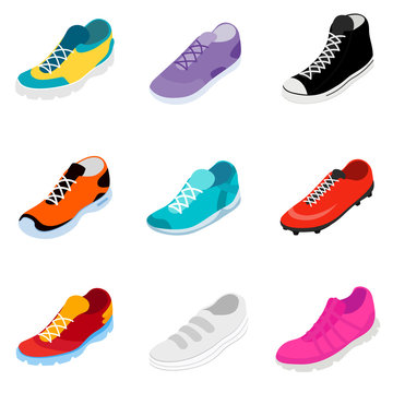 Sneakers. icon set in isometric style. multicolored athletic shoes