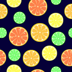 Seamless pattern with slices of orange, lemon, lime, grapefruit on dark blue background. Flat style. Vector illustration