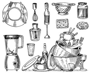 colander, blender and juicer, dirty dishes, jam and sponge for washing. Chef and dirty kitchen utensils, cooking stuff for menu decoration. engraved hand drawn in old sketch or and vintage style.