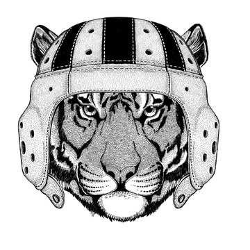 Wild tiger Wild animal wearing rugby helmet Sport illustration