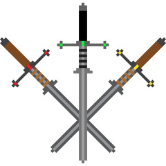 Pixel composition of three crossed swords whose blades are directed downwards. Can be used as an illustration to achieve the game