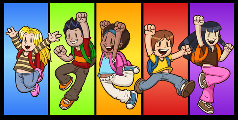 Cartoon jumping kids. Vector clip art illustration with simple gradients. Each kid in a separate layer. Background on a separate layer. 