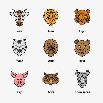 Animal Head Face Color Vector Emblem Minimalistic Geometric Line Icon Set. Cow, Lion, Tiger, Pig, Owl, Rhinoceros, Wolf, Ape, Bear