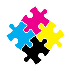 Four jigsaw puzzle pieces in CMYK colors. Printer theme. Vector illustration.