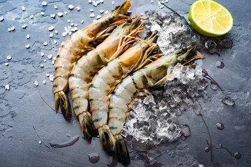 Fresh king prawns on ice