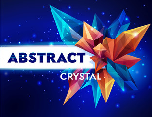 Naklejka premium Template for design. Image of a faceted crystal. Glass asteroid in outer space. Abstract geometric figure on a dark blue. Futuristic banner. 3D style illustration.