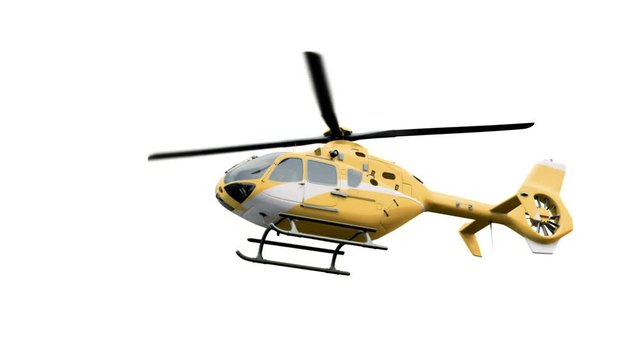 Yellow Eurocopter soars in the air and flies away.