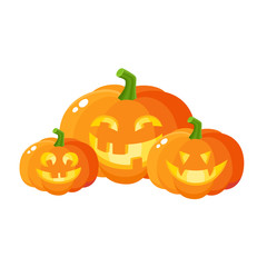 Three smiling, laughing, grinning Halloween pumpkin jack-o-lanterns, cartoon vector illustration isolated on white background. Set of pumpkin lanterns with carved out laughing faces, Halloween symbol