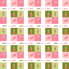 Summertime. Good vibes with cocktail, pineapple, watermelon and ice cream in watermelon colors.