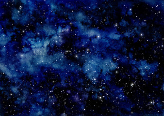 Fototapeta na wymiar Watercolor Deep Blue Space and Star Field