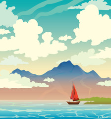 Sailboat, mountain, sea, cloudy sky. Summer landscape.