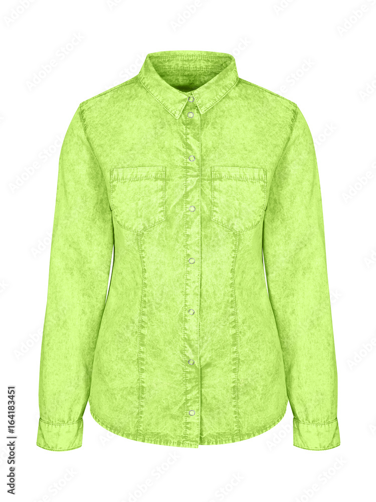 Wall mural Chartreuse green denim woman shirt with a collar isolated on white