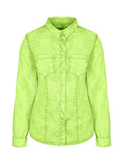 Chartreuse green denim woman shirt with a collar isolated on white