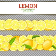 Ripe lemon horizontal seamless borders. Vector illustration card Wide and narrow endless strip with Juicy yellow lime fruits and leaves for design of juice breakfast, healthy eating, detox, cosmetics.