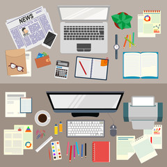 Офис. Реалистичная  организация рабочего места. Вид сверху. Бизнес-аналитика. Исследование бизнес-стратегии. Векторная иллюстрация. 