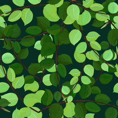 Fototapeta na wymiar Seamless Pattern of Leaves on Dark Background. Vector Forest Design