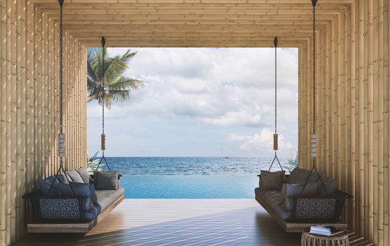 Private pool with bamboo wall, sea view