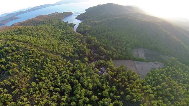 Marmaris pine forest, Amazon Bay and high mountains landscape. Aerial. Marmaris National Park is set over 29.206 hectares, is just 6 km from town and is a haven of flora and fauna