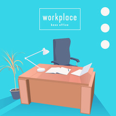 Boss office, chair and table. Workplace with notebook and laptop vector illustration.