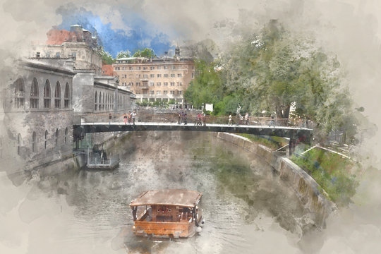 Boat on Ljubljanica river, Ljubljana, Slovenia, digital watercolor illustration
