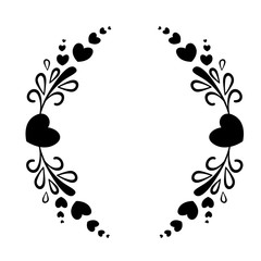 Elegant black and white frame with a silhouette of hearts and decorative elements for the design of brochures, booklets, wedding albums, invitations and other festive products.