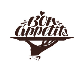 Bon appetit logo. Label for design menu restaurant or cafe. Handwritten lettering, calligraphy vector illustration
