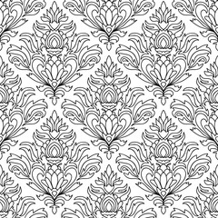 Curly thin line damask seamless pattern with flowers, leaves. Infinity background, floral ornament for coloring book. Vector illustration.