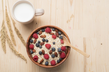 Healthy breakfast ingredients on wood table, Healthy food concept